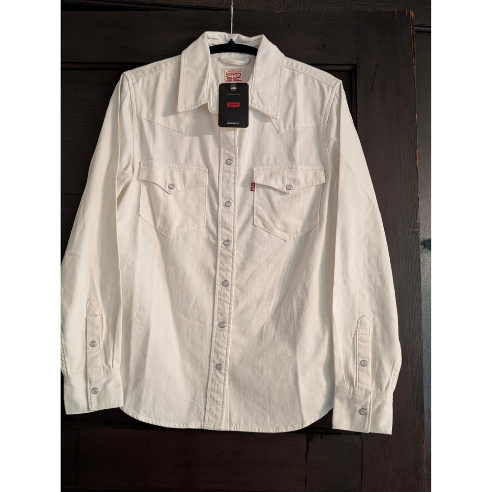 Levis Womens Western Denim Shirt Off White Ecru Pearl Snap Button Small NEW